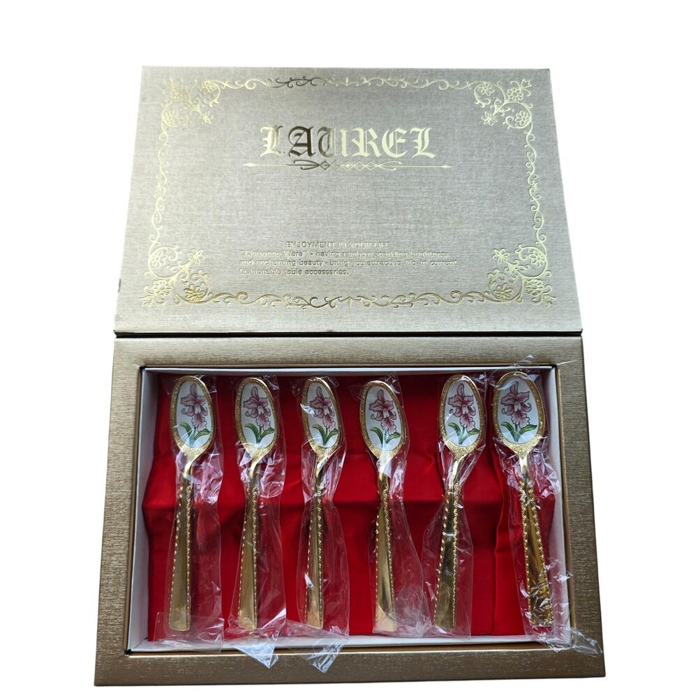 Laurel Cloisonne Ware Demitasse Spoon Set Floral Gold Tone 6 Pc Gift Box